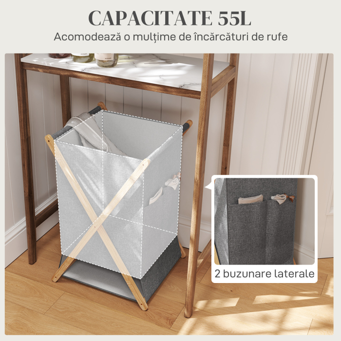  Cos Pliabil pentru Rufe 55L din Material Textil si Cadru din Bambus pentru Camera si Spalatorie, 41x41x64 cm, Gri [4]