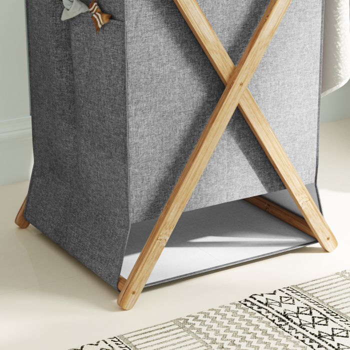  Cos Pliabil pentru Rufe 55L din Material Textil si Cadru din Bambus pentru Camera si Spalatorie, 41x41x64 cm, Gri [9]