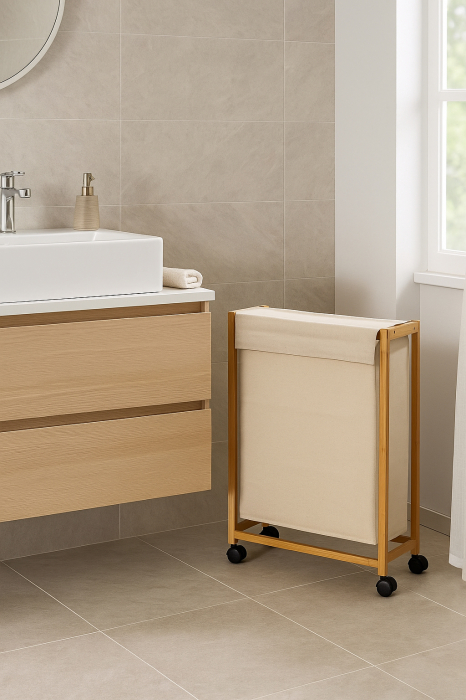 Cos rufe 5Five Bambou pe roti, cadru bambus, 52 litri, 55x28x80 cm, bej [4]