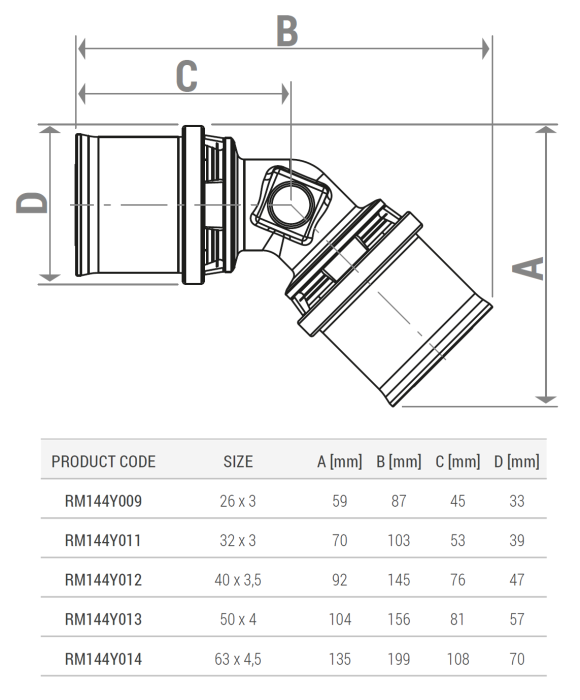 Cot alama 45° Giacomini RM144Y009, 26x3, fiting presare pentru teava multistrat [2]