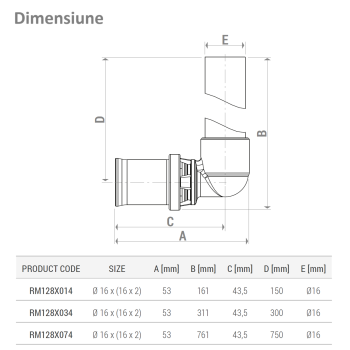 Cot presare Giacomini RM128X074, 90°, cu teava cupru cromat Ø16 mm, lungime 750 mm, pentru tevi multistrat si plastic [2]
