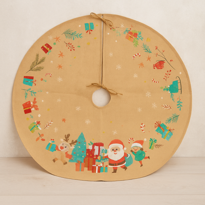 Covoras de pus sub bradul de Craciun, diametru 90 cm, model Mos Craciun, iuta, bej [3]