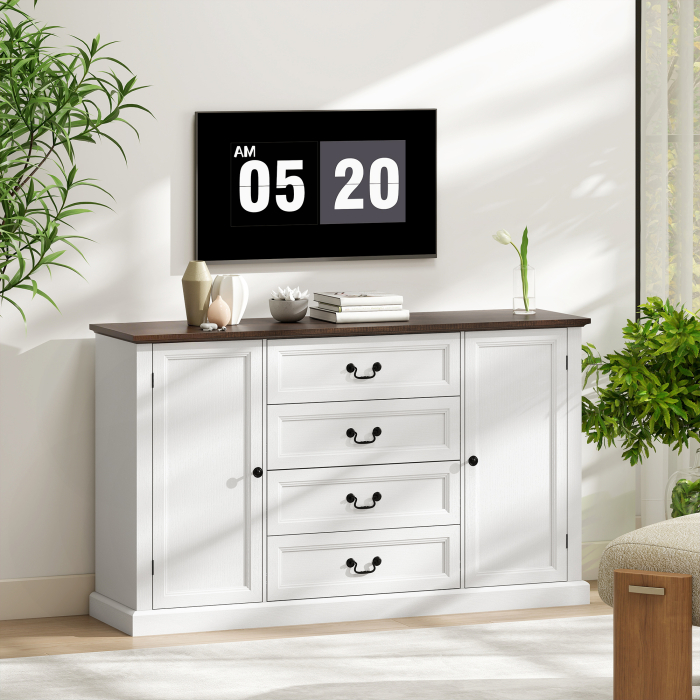  Credenta de Bucatarie, Mobilier de Bucatarie cu 4 Sertare Soft Close, Blat Gros, Bufet cu Rafturi Reglabile, Stil Rustic, pentru Sufragerie, Sala de Mese, 147x40x87 cm, Alb [8]