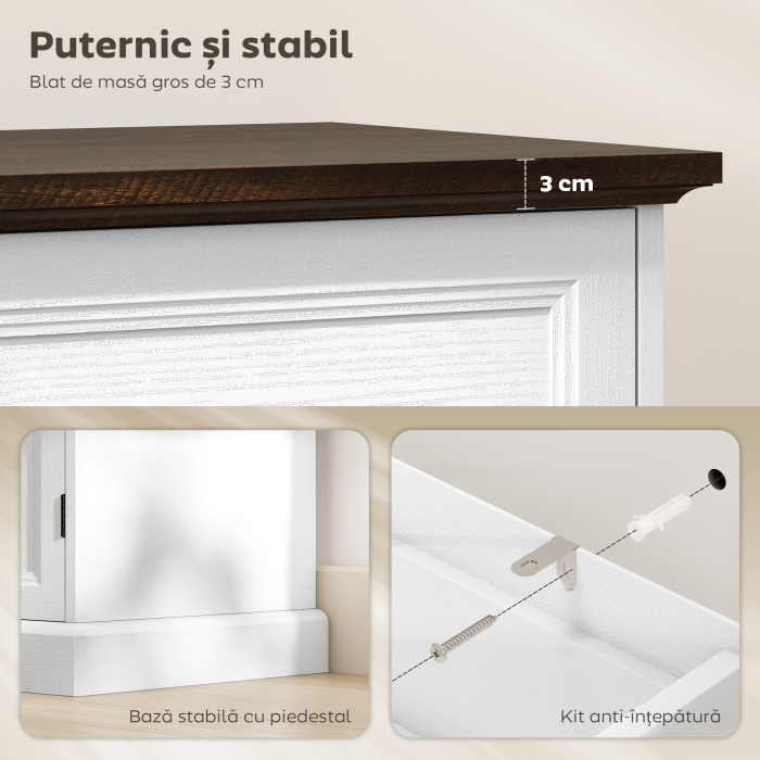  Credenta de Bucatarie, Mobilier de Bucatarie cu 4 Sertare Soft Close, Blat Gros, Bufet cu Rafturi Reglabile, Stil Rustic, pentru Sufragerie, Sala de Mese, 147x40x87 cm, Alb [6]