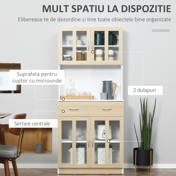  Credenta Lemn Bucatarie cu Sertare & Usi Sticla, 80×40×180 cm [4]