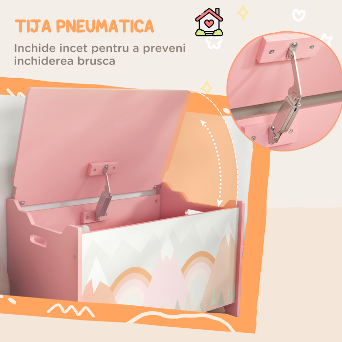 Cufar de jucarii pentru copii , lada din lemn MDF cu capac si balama de siguranta, 60x37x39cm, de culoare roz [5]