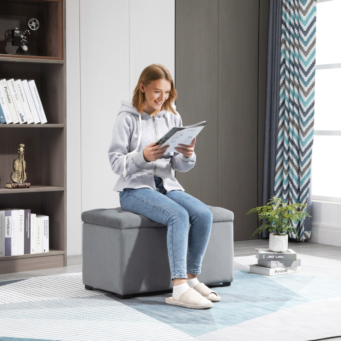 Cufar Depozitare Multifunctional - Cu 2 Pouf Catifea Gri [8]