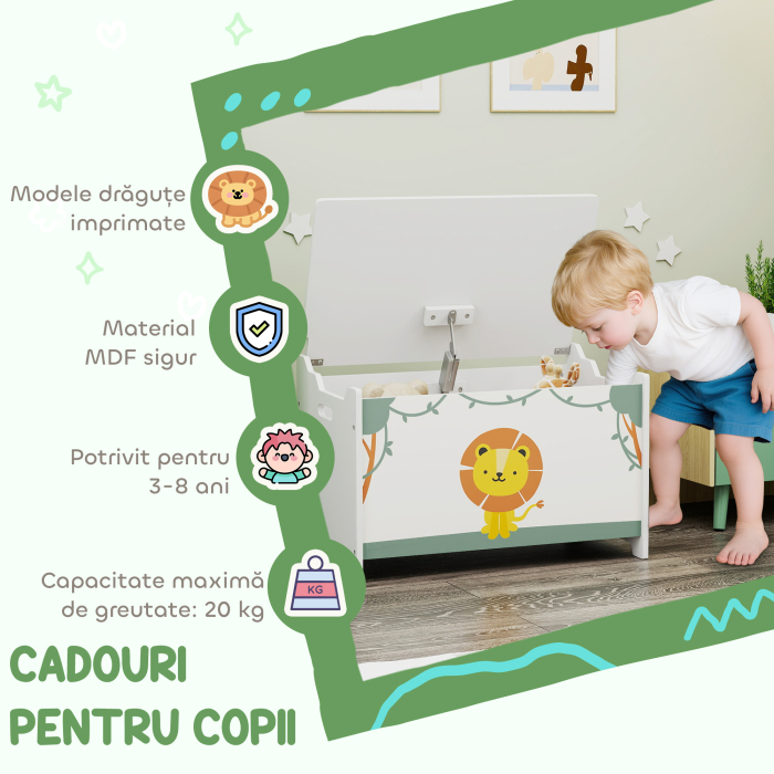  Cufar Portagiochi cu Capac pentru Copii 60x37x39 cm, Verde [7]