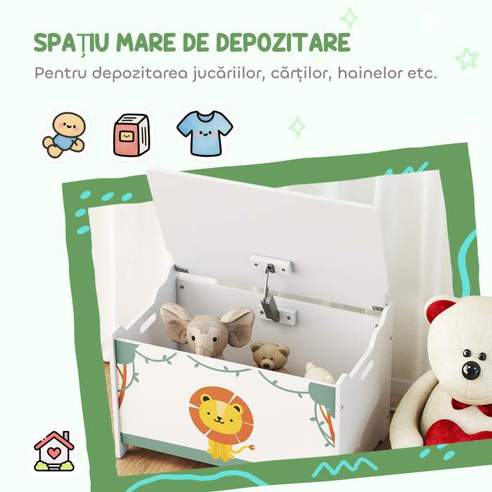  Cufar Portagiochi cu Capac pentru Copii 60x37x39 cm, Verde [4]