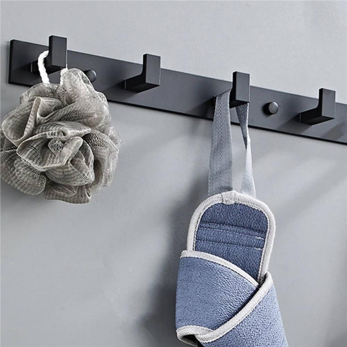 Cuier de baie pentru prosoape cu 2 sisteme instalare, aluminiu, 4 agatatori, 35x4cm, negru [2]