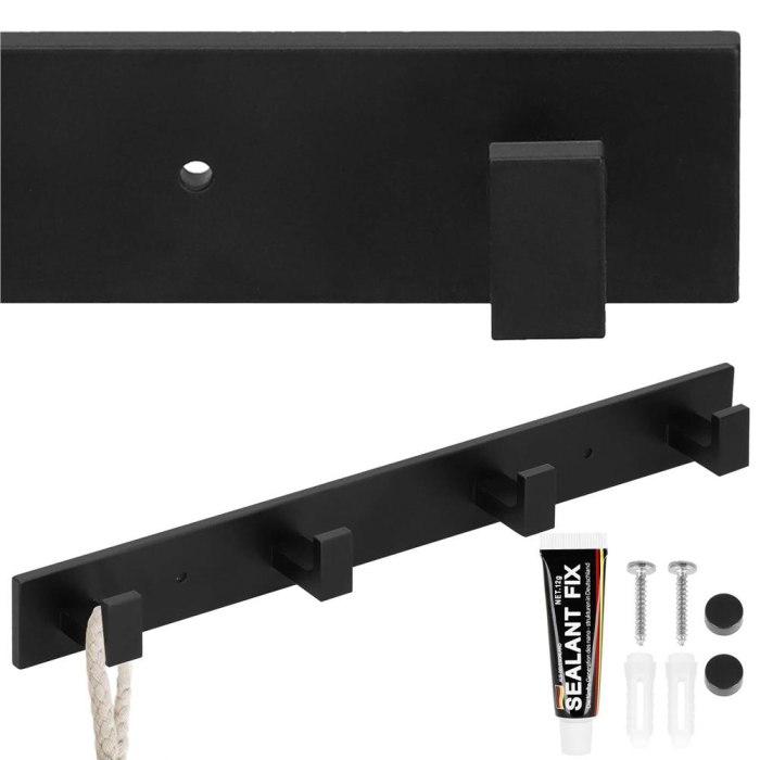 Cuier de baie pentru prosoape cu 2 sisteme instalare, aluminiu, 4 agatatori, 35x4cm, negru [13]