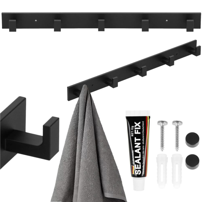 Cuier de baie pentru prosoape cu 2 sisteme instalare, aluminiu, 5 agatatori, 45x4cm, negru [14]
