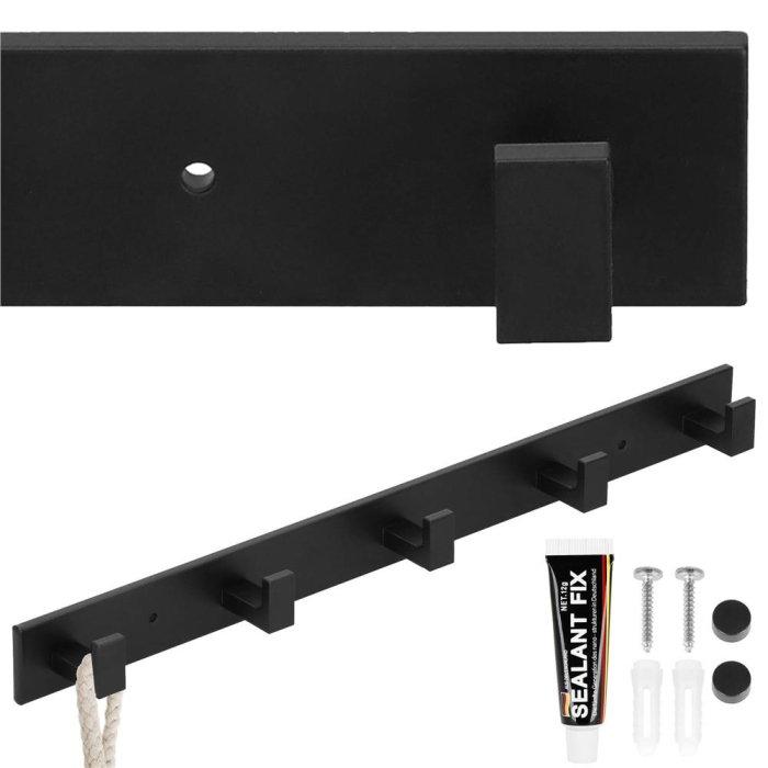 Cuier de baie pentru prosoape cu 2 sisteme instalare, aluminiu, 5 agatatori, 45x4cm, negru [13]