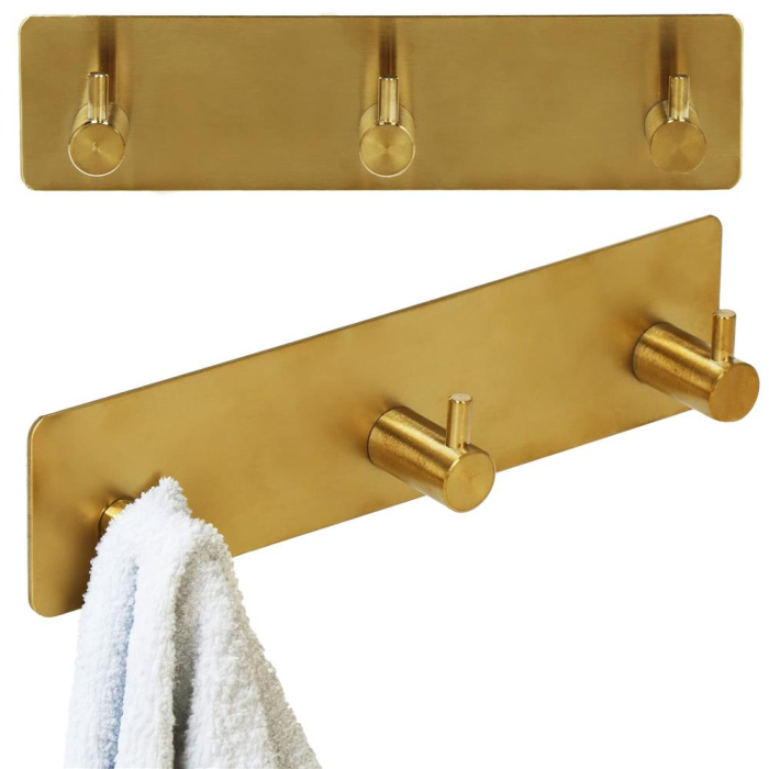 Cuier de baie pentru prosoape, montare fara gaurire, otel, 3 agatatori, 18x4.5cm, auriu [2]