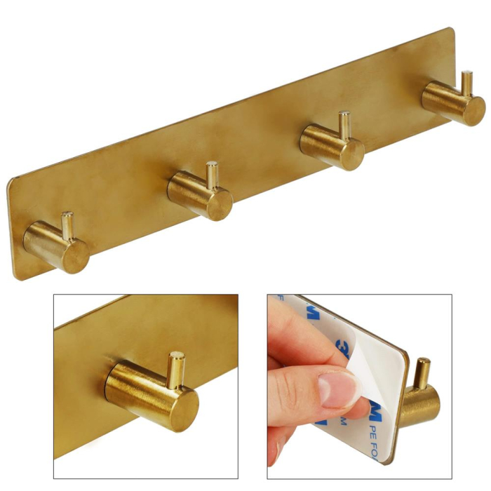 Cuier de baie pentru prosoape, montare fara gaurire, otel, 4 agatatori, 24x4.5cm, auriu [12]