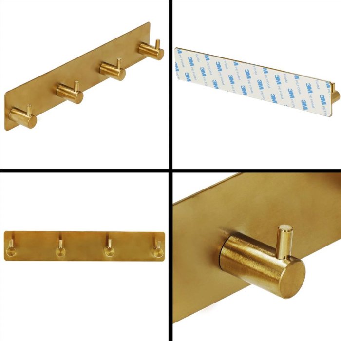 Cuier de baie pentru prosoape, montare fara gaurire, otel, 4 agatatori, 24x4.5cm, auriu [11]