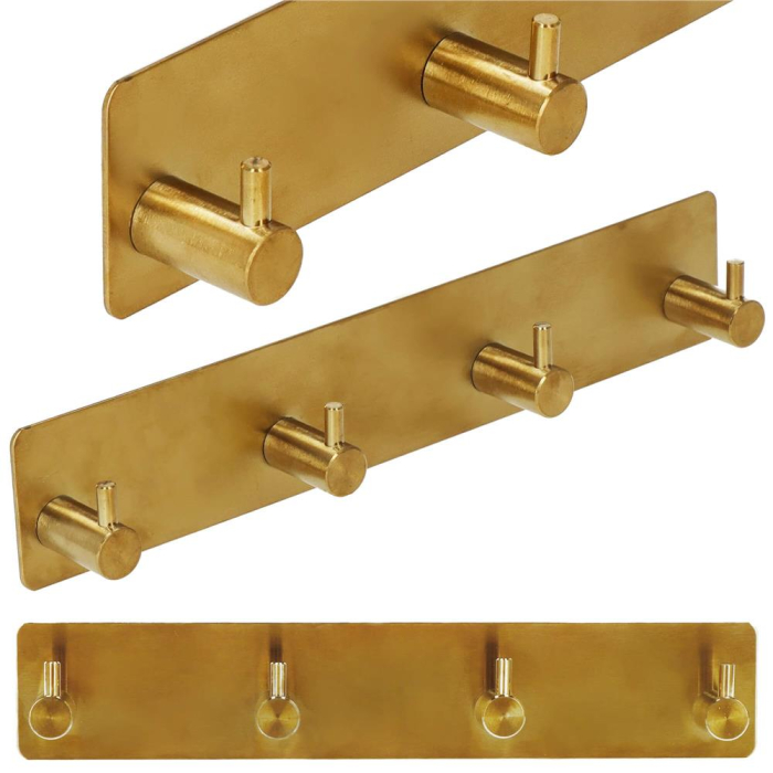 Cuier de baie pentru prosoape, montare fara gaurire, otel, 4 agatatori, 24x4.5cm, auriu [3]