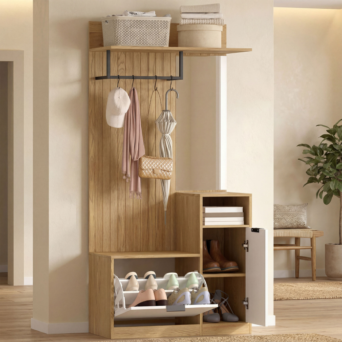  Cuier de Hol cu Bara, 4 Carlige, Banca si Spatiu pentru incaltaminte, Dulap din MDF si Metal, Picioare din Lemn de Cauciuc, Stejar si Alb [2]