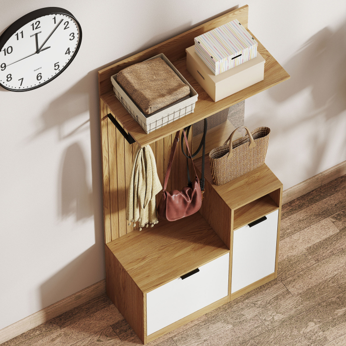  Cuier de Hol cu Bara, 4 Carlige, Banca si Spatiu pentru incaltaminte, Dulap din MDF si Metal, Picioare din Lemn de Cauciuc, Stejar si Alb [9]