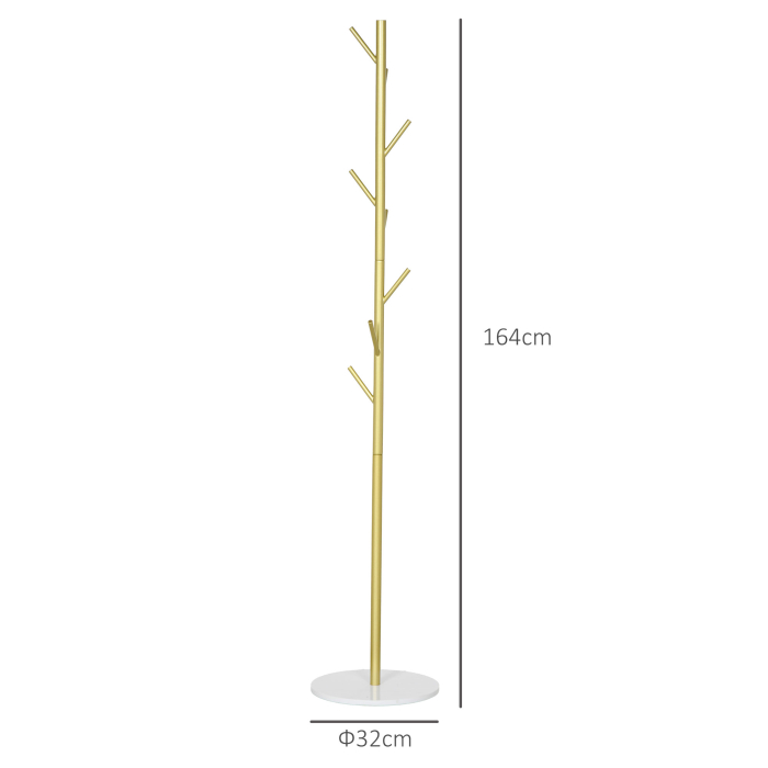  Cuier de Podea Autoportant cu 8 Carlige si Baza din Marmura, Ø32x164 cm, Auriu [3]