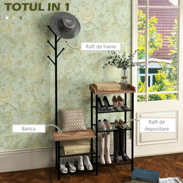  Cuier de Podea cu 6 Agatatori din PAL si Otel cu Dulap pentru Pantofi si Depozitare, 92.5x28.2x182 cm [4]