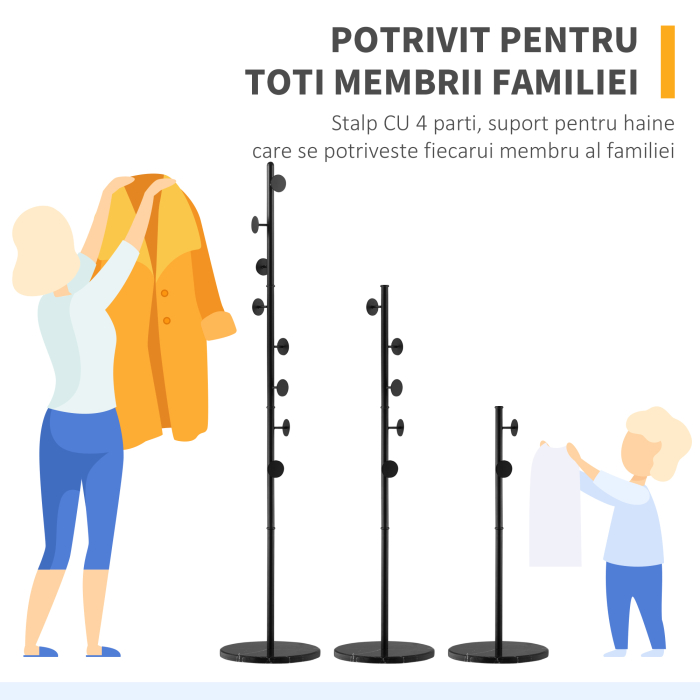  Cuier de Podea cu 8 Carlige, Cuier pentru Intrare si Dormitor din Otel cu Baza din Marmura, 35x35x170cm, Negru [7]