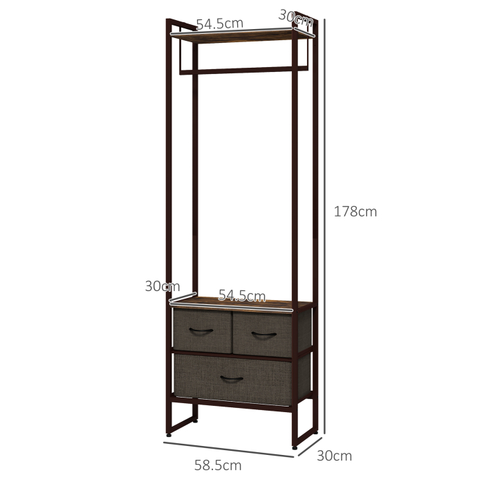 Cuier de Podea cu Bara, 3 Sertare si Rafturi, din Lemn MDF si Otel, 58,5x30x178 cm, Maro [3]