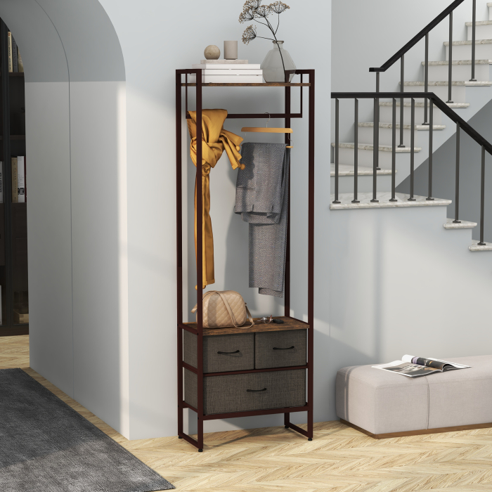  Cuier de Podea cu Bara, 3 Sertare si Rafturi, din Lemn MDF si Otel, 58,5x30x178 cm, Maro [2]
