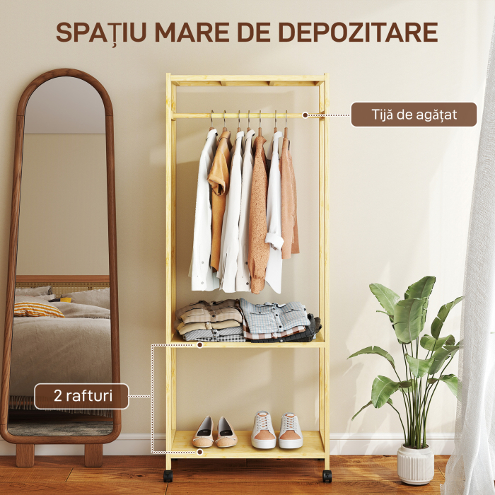  Cuier de Podea cu Bara si 4 Roti, Economisire Spatiu, Cuier din Bambus cu Rafturi Inferioare, pentru Dormitor, Hol, 70x35x175 cm, Lemn Natural [4]