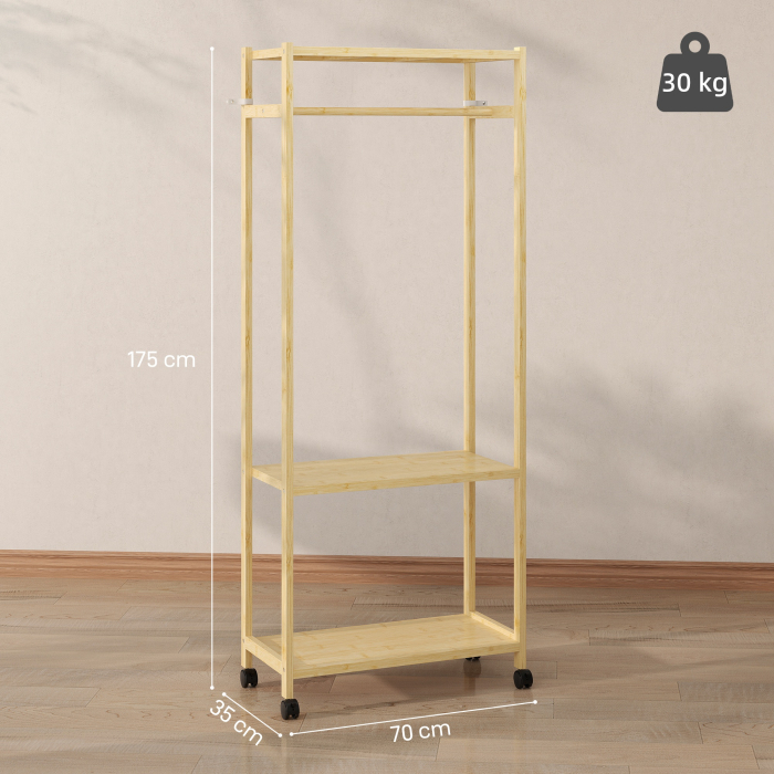  Cuier de Podea cu Bara si 4 Roti, Economisire Spatiu, Cuier din Bambus cu Rafturi Inferioare, pentru Dormitor, Hol, 70x35x175 cm, Lemn Natural [3]