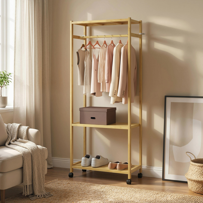  Cuier de Podea cu Bara si 4 Roti, Economisire Spatiu, Cuier din Bambus cu Rafturi Inferioare, pentru Dormitor, Hol, 70x35x175 cm, Lemn Natural [9]