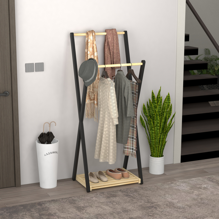  Cuier de Podea din Lemn cu 2 Bare, Suport pentru Haine Autoportant Modern cu Raft Inferior, 61x45x152 cm, Natural [2]