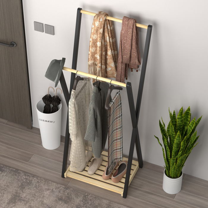  Cuier de Podea din Lemn cu 2 Bare, Suport pentru Haine Autoportant Modern cu Raft Inferior, 61x45x152 cm, Natural [8]