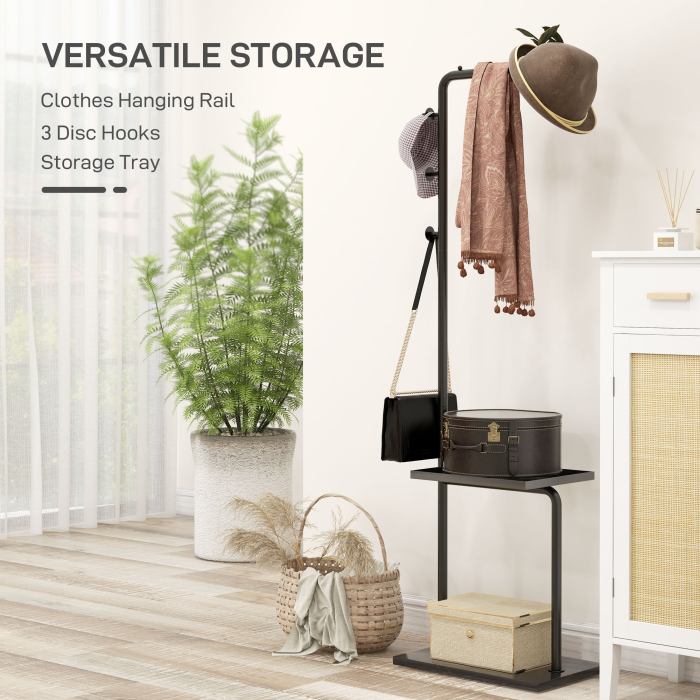  Cuier de Podea in Forma de C cu 3 Carlige, Baza din piatra si Picioare Antiderapante, 45x28x148 cm, Negru [4]