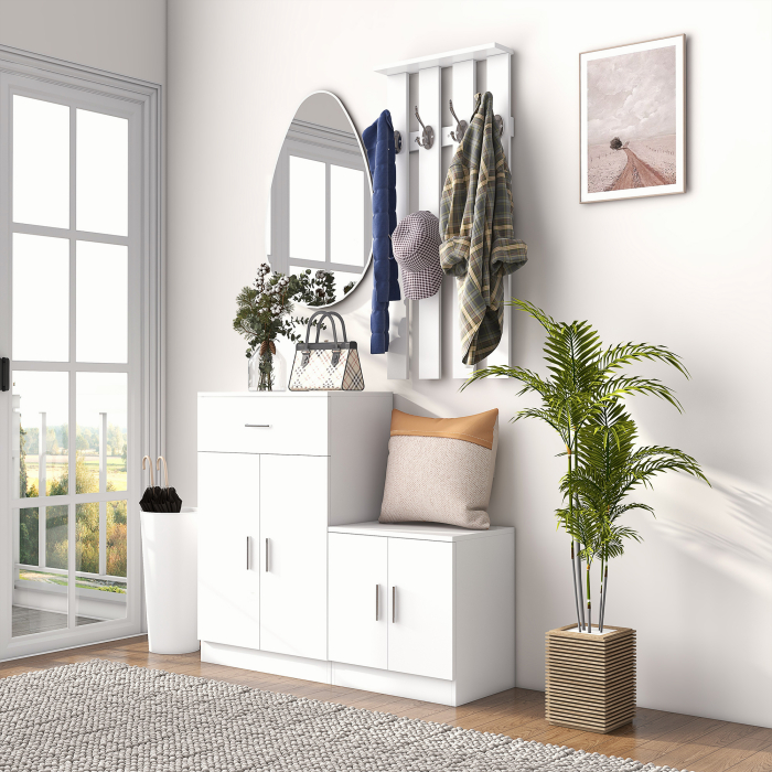  Cuier Hol Lemn Alb - 100×32×187 cm cu Dulap & Rafturi [7]