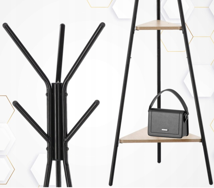 Cuier hol, metalic, 2 rafturi MDF, design minimalist, 180 cm, negru [4]