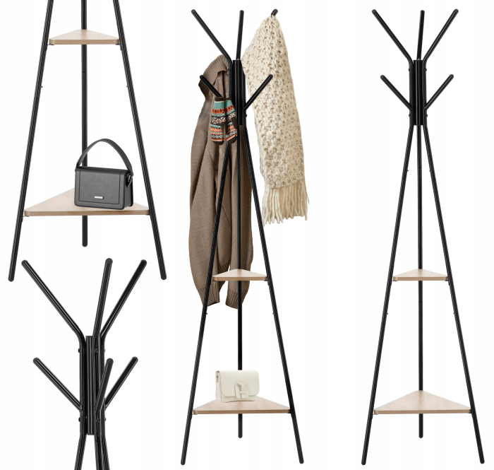 Cuier hol, metalic, 2 rafturi MDF, design minimalist, 180 cm, negru [6]