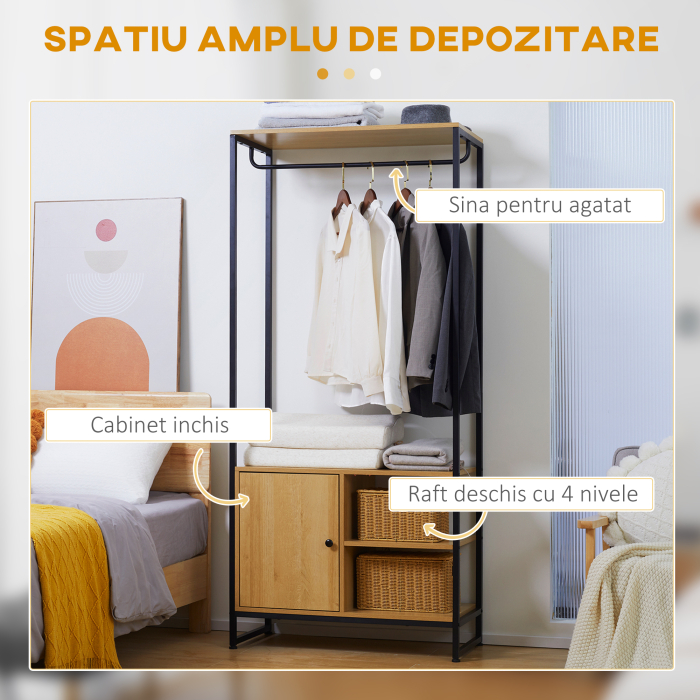  Cuier industrial , suport pentru haine, suport pentru haine cu tija de agatat, rafturi deschise si dulap inchis pentru dormitor si intrare, Natural [4]