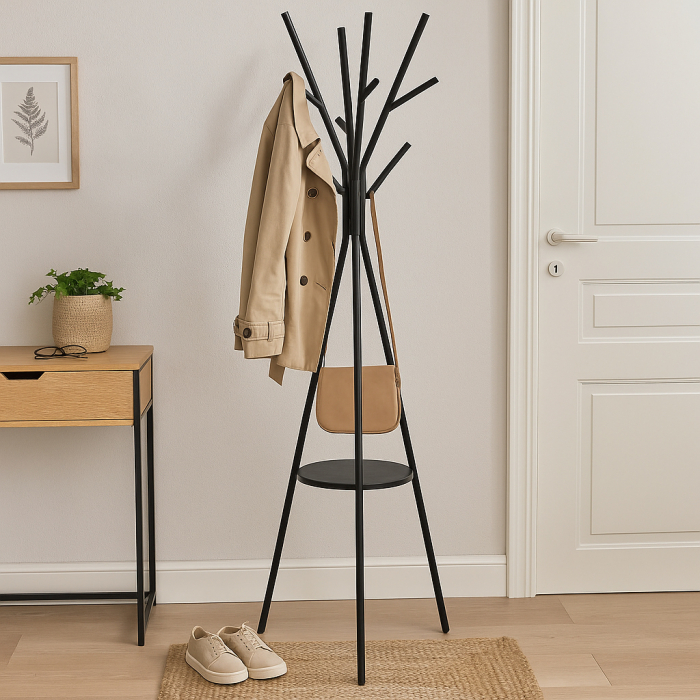 Cuier metalic otel 9 carlige, 45x40x180 cm, design modern stabil, negru [5]