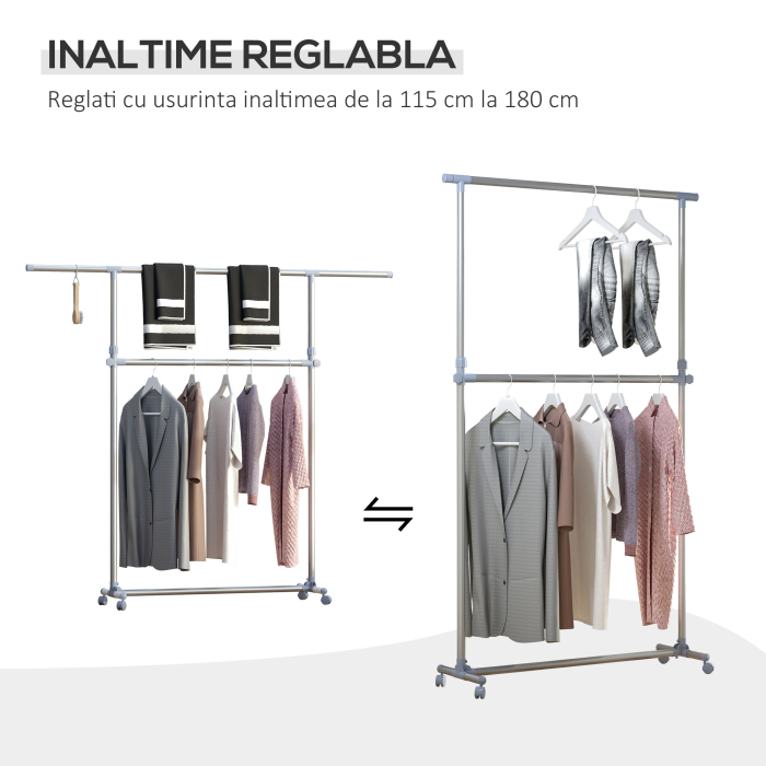  Cuier pentru haine cu inaltime si extensie reglabile, 165 x 48 x 180 cm, Inox / ABS, Argintiu / Gri [5]