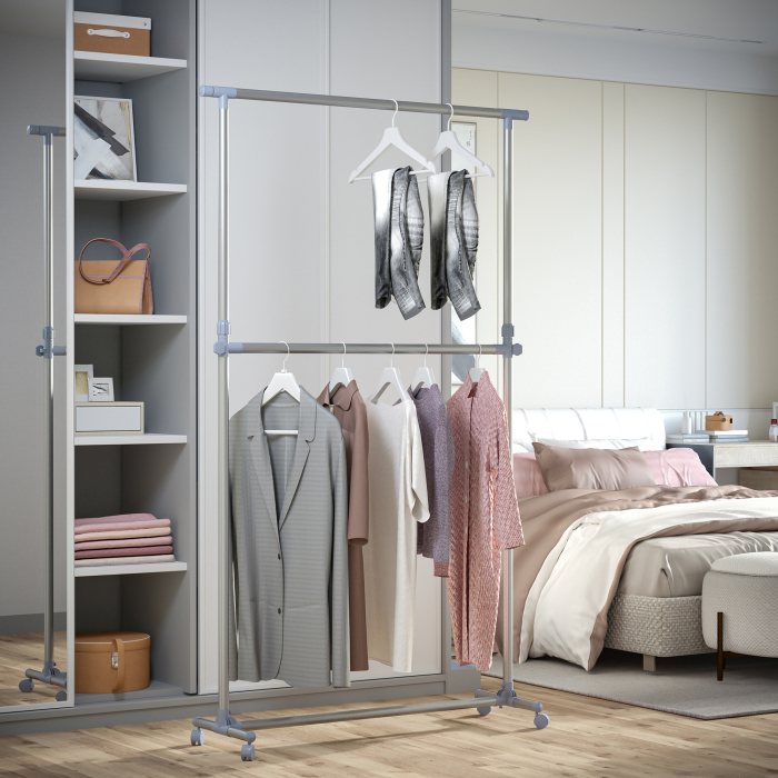  Cuier pentru haine cu inaltime si extensie reglabile, 165 x 48 x 180 cm, Inox / ABS, Argintiu / Gri [2]