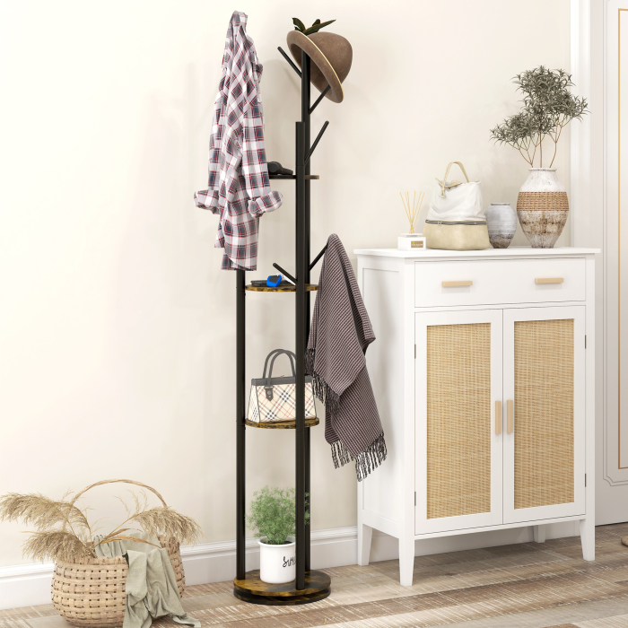  Cuier rotativ de podea cu 8 carlige si 4 rafturi, stil industrial, Ø30x175cm, maro [2]