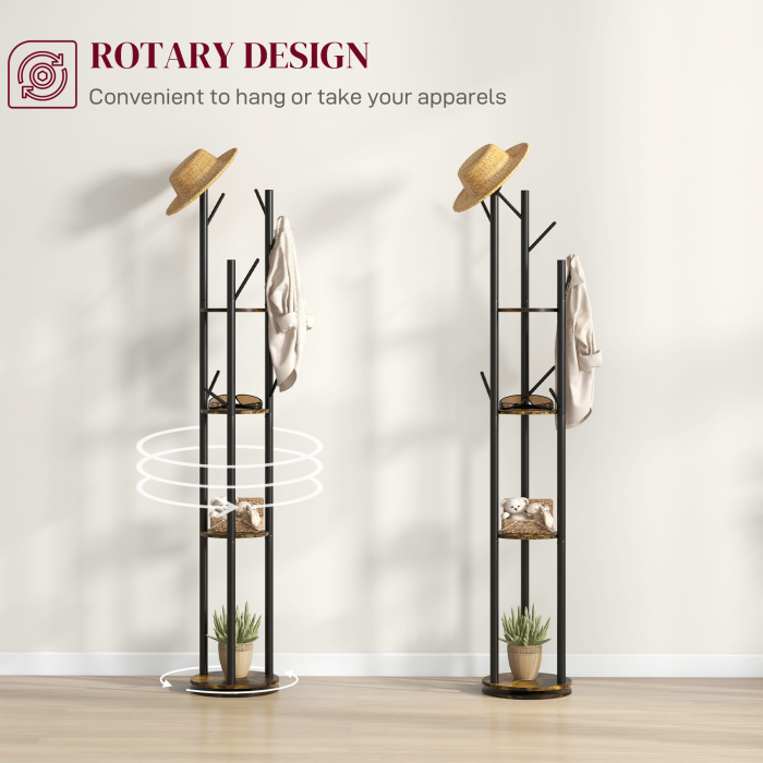  Cuier rotativ de podea cu 8 carlige si 4 rafturi, stil industrial, Ø30x175cm, maro [4]