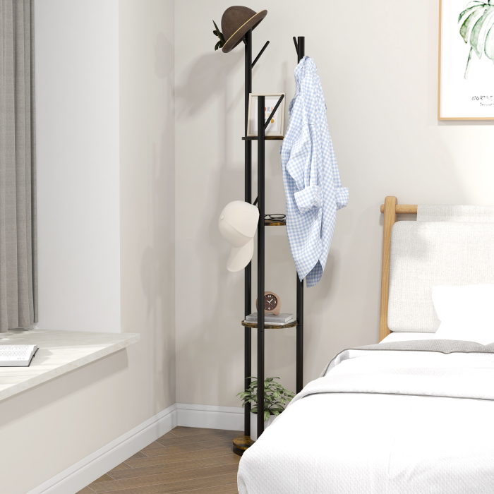  Cuier rotativ de podea cu 8 carlige si 4 rafturi, stil industrial, Ø30x175cm, maro [7]