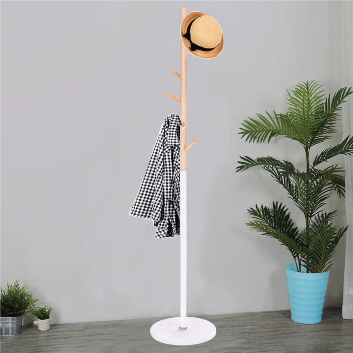 Cuier tip pom din metal, baza marmura, 6 agatatoare, 172cm, alb si maro [3]