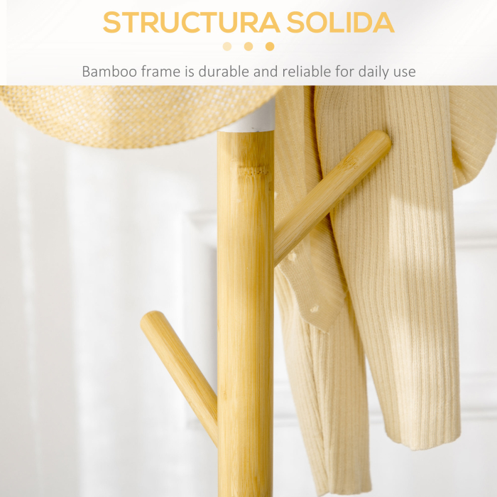  Cuier Vertical cu 8 Carlige cu Baza Rotunda din Bambus, Lemn si Metal, Ø37,8x175,6 cm, Lemn Natural [6]