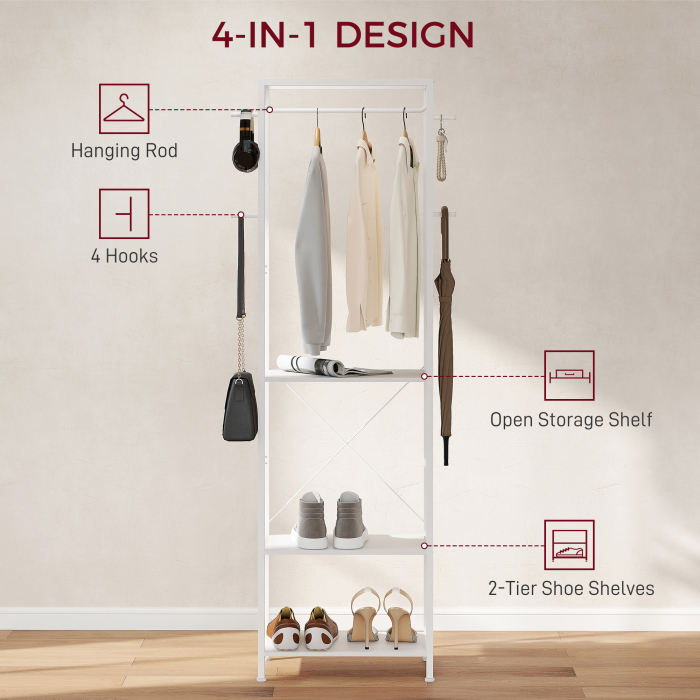  Cuiere de Podea cu Suport pentru incaltaminte, 4 Carlige si Raft 52x30x180cm Alb [4]