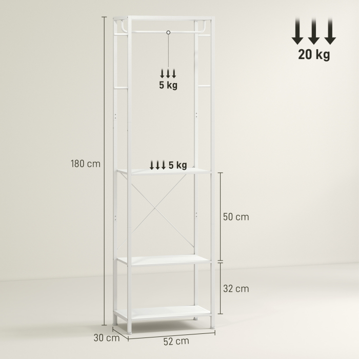  Cuiere de Podea cu Suport pentru incaltaminte, 4 Carlige si Raft 52x30x180cm Alb [3]
