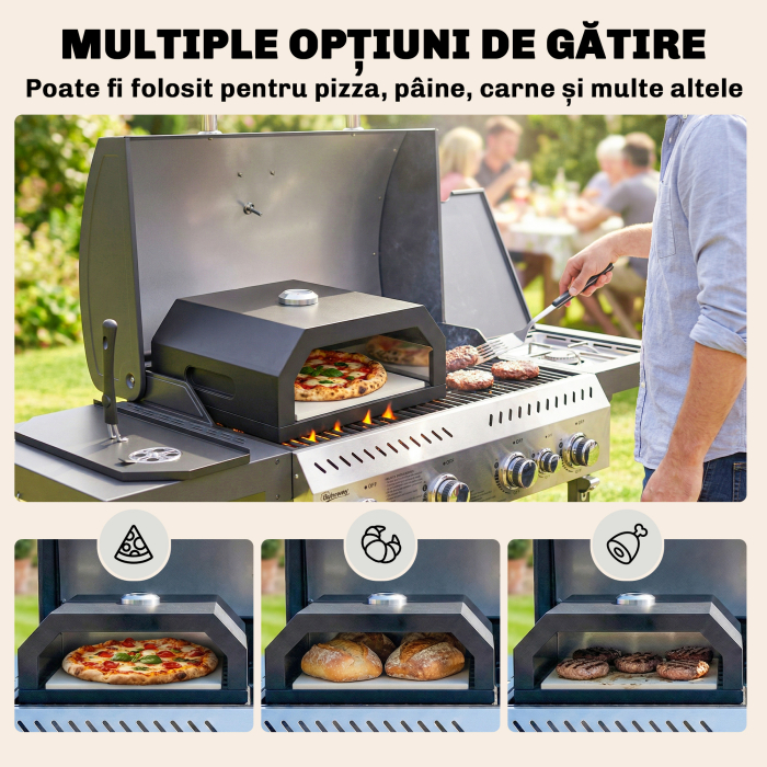  Cuptor pentru Pizza cu Lemne Portabil cu Piatra Cordierita si Termometru, Metal, 53x40x18.5 cm, Negru [8]
