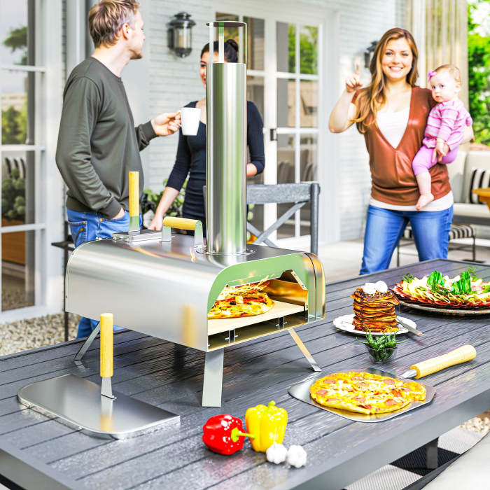  Cuptor pentru Pizza pe Pelete de Lemn cu Piatra Refractara si Lopata, din Otel Inoxidabil, 79x36x75 cm, Argintiu [2]